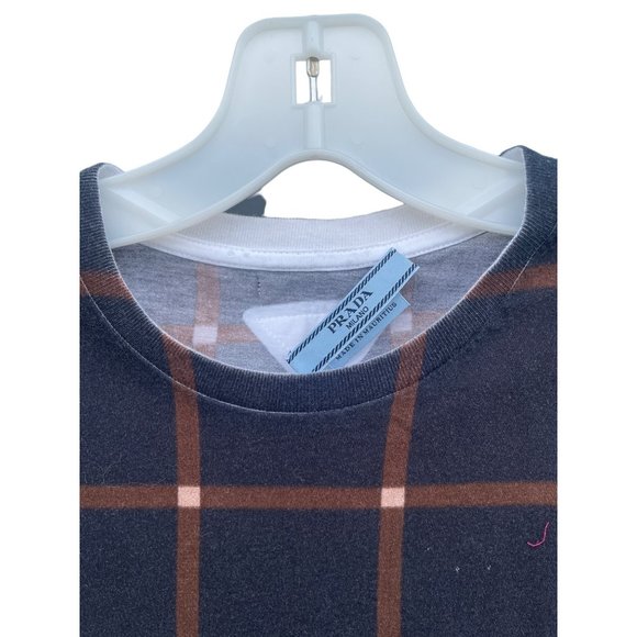 Vintage Prada women’s Large T-shirt Plaid Brown Triangle top Stripes - Picture 3 of 11